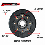 RGP 8,000 lb Trailer Axles hub and drum assembly in black metal with gold studs, 8-lug pattern and oil bath hub.