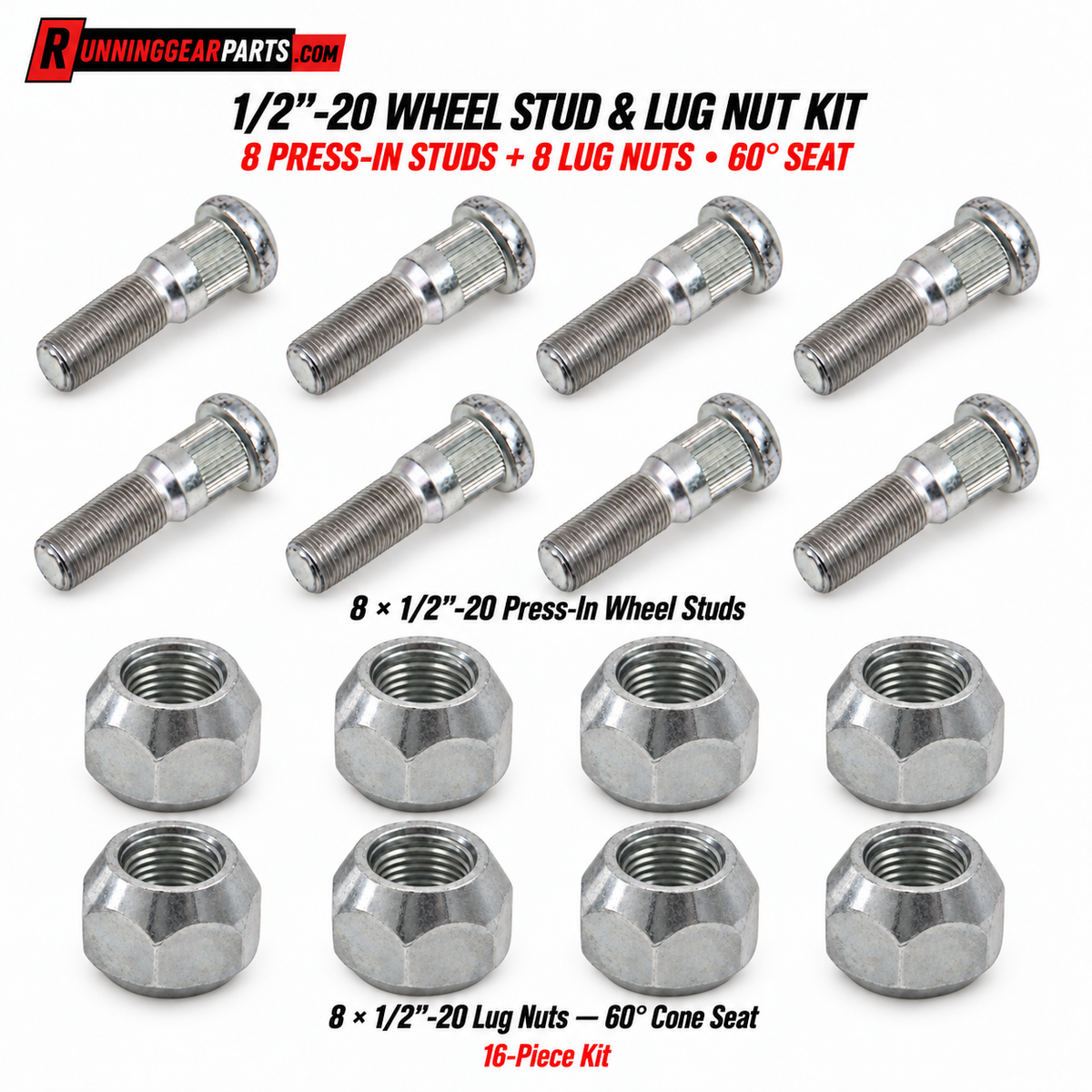 RGP 1/2″-20 Trailer Wheel Stud & Lug Nut Kit — 8 Press-In Studs & 8 Lug Nuts, 60° Cone Seat
