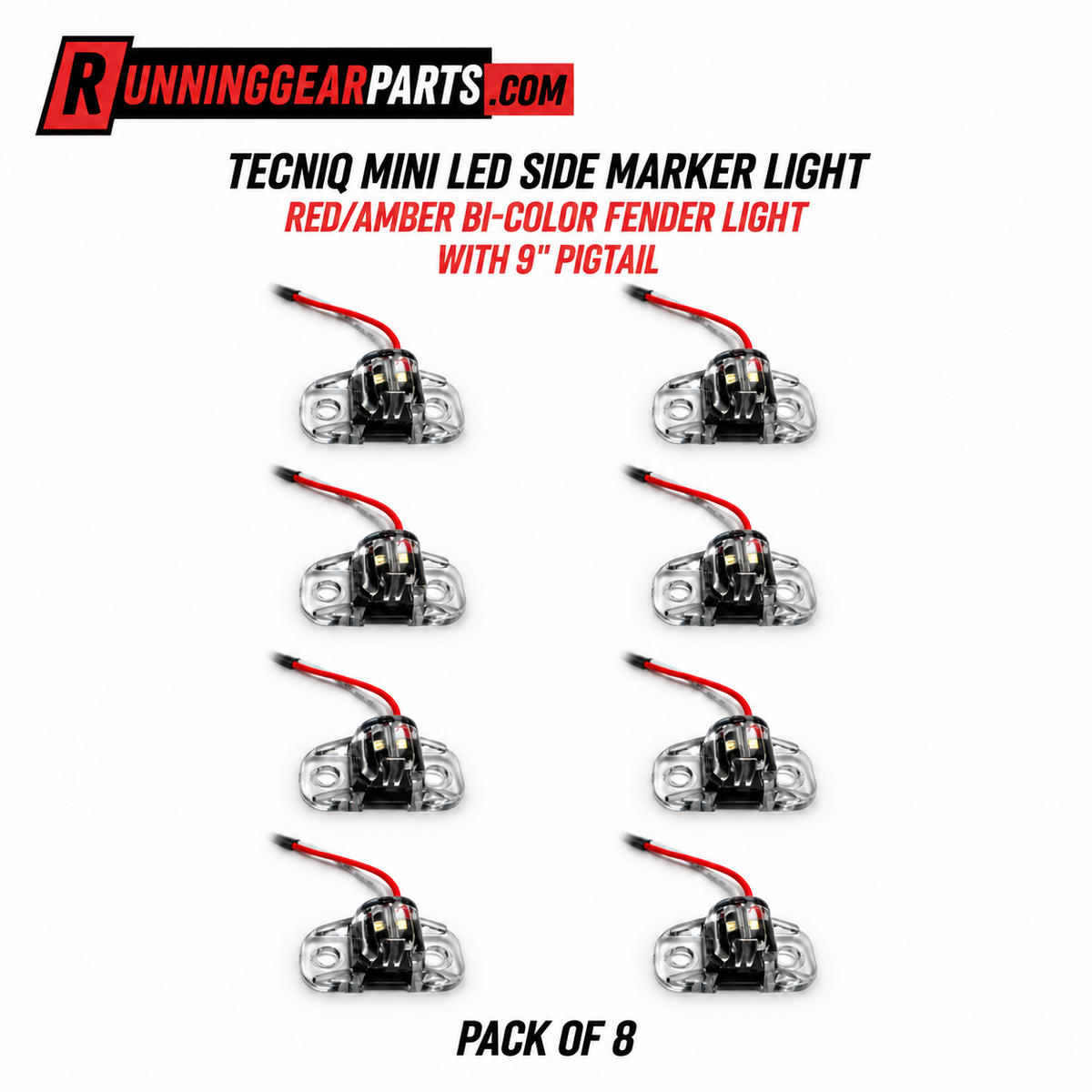 Pack of 8 Tecniq Mini LED Side Marker Lights with 9" pigtail wires
