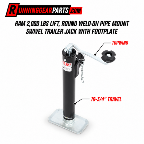 lack and silver swivel trailer jack with a footplate and topwind lever