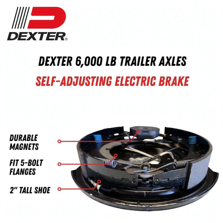 Electric trailer brake assembly for Dexter 6,000 lb Trailer Axles, black metal backing plate with springs, magnet, and brake shoes.