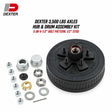 Dexter 3,500 lbs Axles hub and drum assembly kit with black painted drum and assorted silver hardware and grease caps.