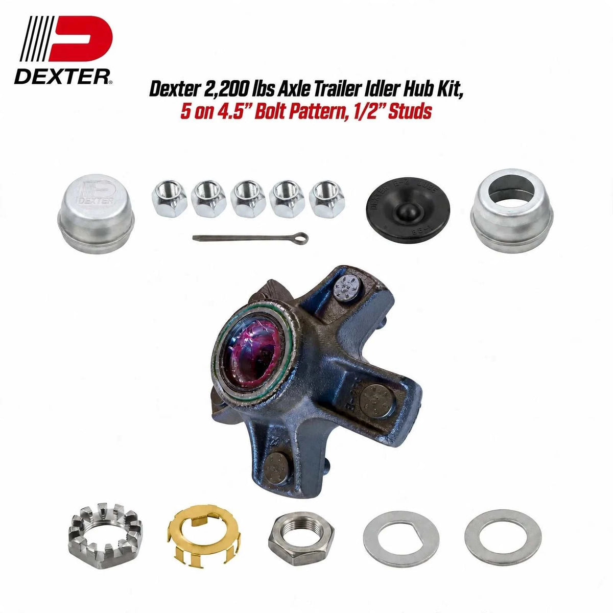 Dexter 2,200 lbs Axle Trailer Idler Hub Kit with dark painted hub, silver grease caps, studs, nuts, washers, and hardware.
