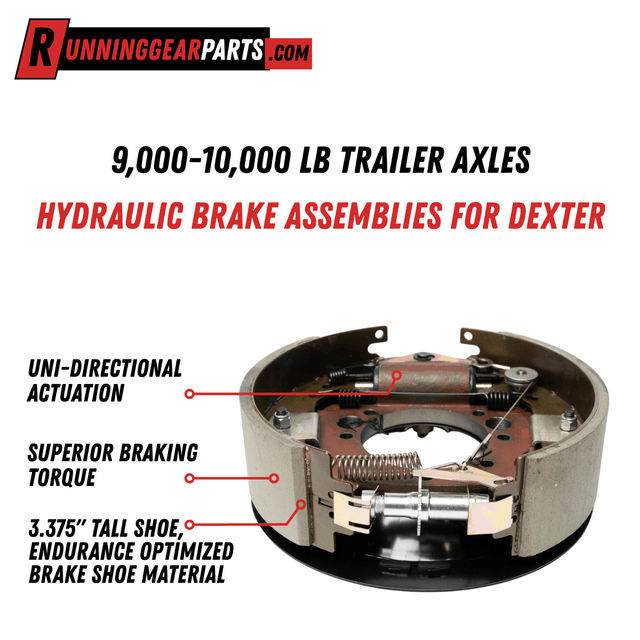 Hydraulic trailer axle brake assembly in steel, with paired brake shoes, springs and self-adjusting hardware for Trailer Axles.