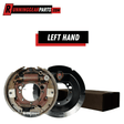 Left-hand hydraulic drum brake assembly for Trailer Axles, with a black steel backing plate and exposed springs, shoes, and adjuster.