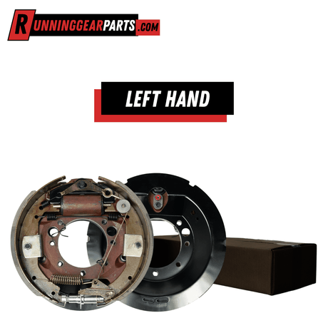 Left-hand hydraulic drum brake assembly for Trailer Axles, with a black steel backing plate and exposed springs, shoes, and adjuster.