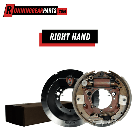 Trailer Axles hydraulic drum brake assembly with black steel backing plate, exposed springs and adjusters, right-hand design, 7-bolt mount.