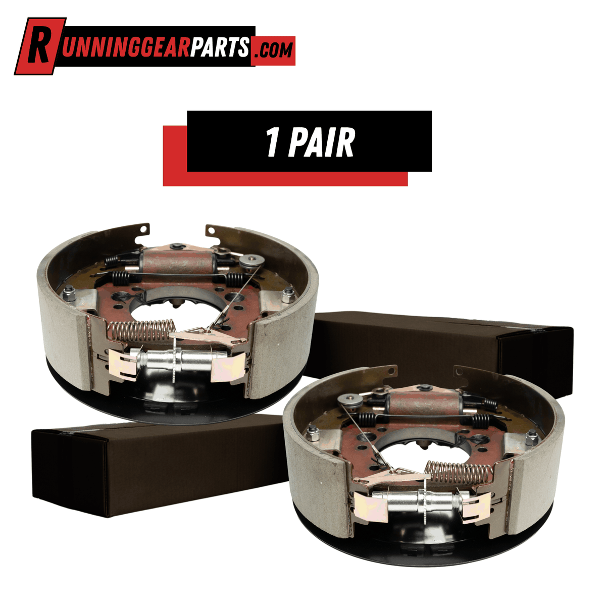 Hydraulic drum brake assemblies for Trailer Axles, featuring two steel self-adjusting units with curved brake shoes, springs, and cylinders.