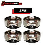 Hydraulic drum brake assemblies in a four-piece set, with metallic steel backing plates, curved shoes, springs, and self-adjusters for Trailer Axles.