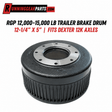 Trailer brake drum, dark gray cast metal with a silver machined top ring and eight bolt holes; 12.25" x 5" brake drum.