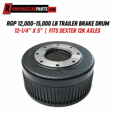 Trailer brake drum, dark gray cast metal with a silver machined top ring and eight bolt holes; 12.25" x 5" brake drum.