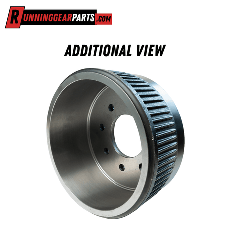 Trailer brake drum, metallic gray cast iron with a smooth braking surface, ribbed exterior, and 8-lug mounting pattern; 12.25" x 5" brake drum