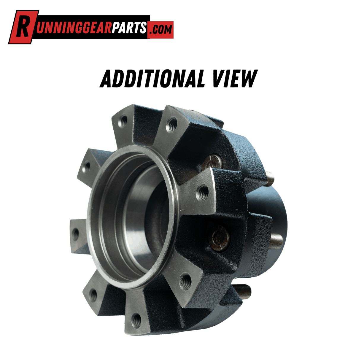 Trailer axle idler hub in black metal with an 8-stud bolt pattern and machined silver center, for Dexter 12,000 lb Axles.