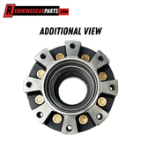 Trailer axle idler hub for Dexter 12,000 lb Axles, silver metal with black sections and gold-toned studs in an 8-lug pattern.