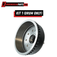 Trailer brake drum in silver and black metal, with a smooth inner face and ridged outer edge; Fit Dexter 9,000-10,000 lb Axles.