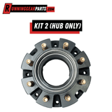 Trailer axle hub with dark metal finish and eight gold-toned studs; Fit Dexter 9,000-10,000 lb Axles, hub only.