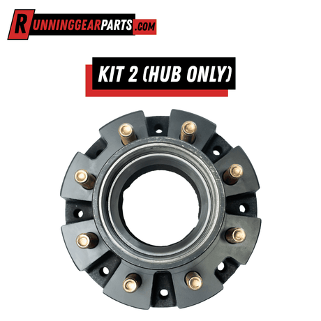 Trailer axle hub with dark metal finish and eight gold-toned studs; Fit Dexter 9,000-10,000 lb Axles, hub only.