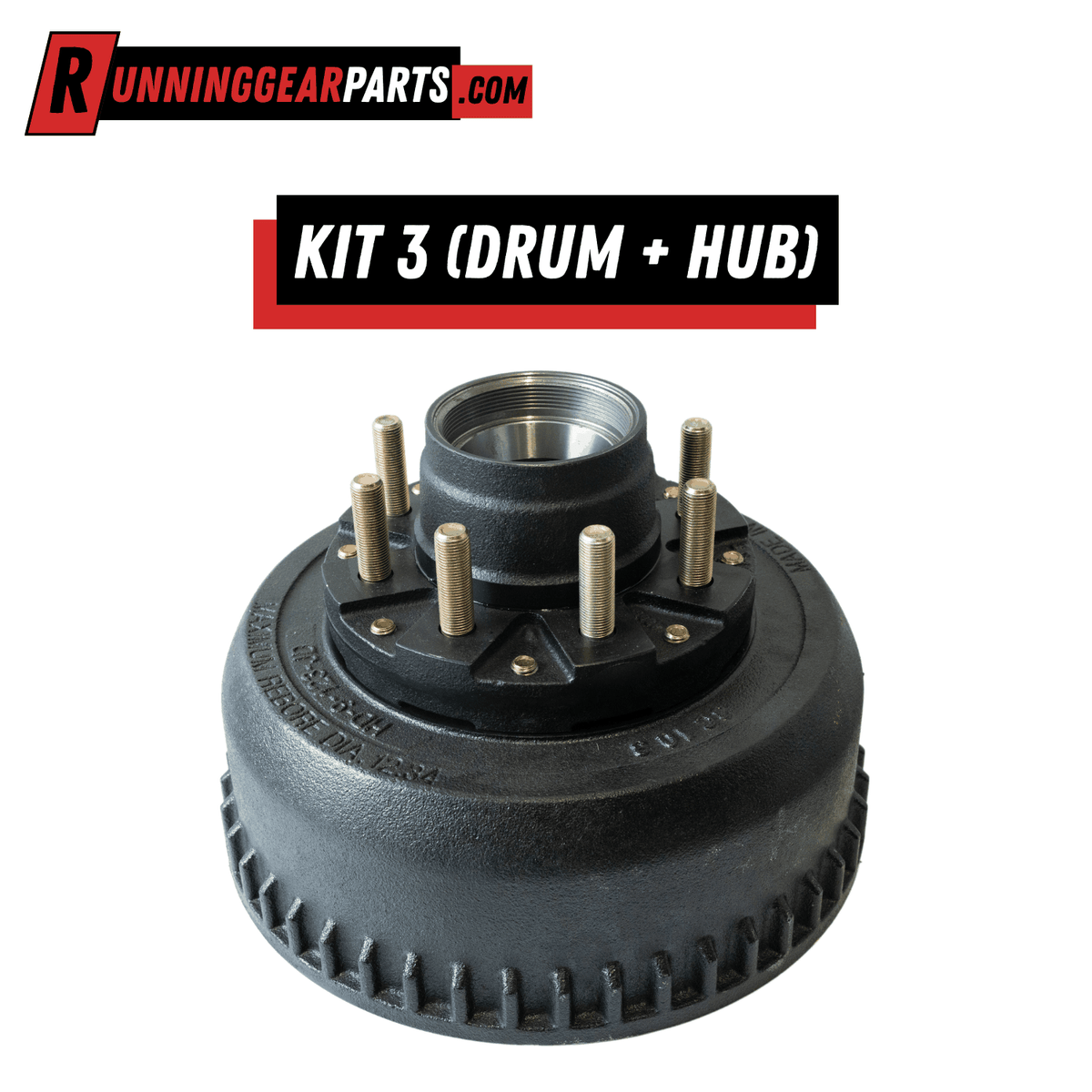 Trailer hub and brake drum assembly in dark gray cast metal with eight gold-toned studs; Fit Dexter 9,000-10,000 lb Axles