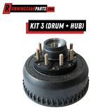 Trailer hub and brake drum assembly in dark gray cast metal with eight gold-toned studs; Fit Dexter 9,000-10,000 lb Axles