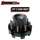 Trailer hub for Dexter 9,000–10,000 lb Axles, black cast metal with a threaded center and eight gold-tone studs.