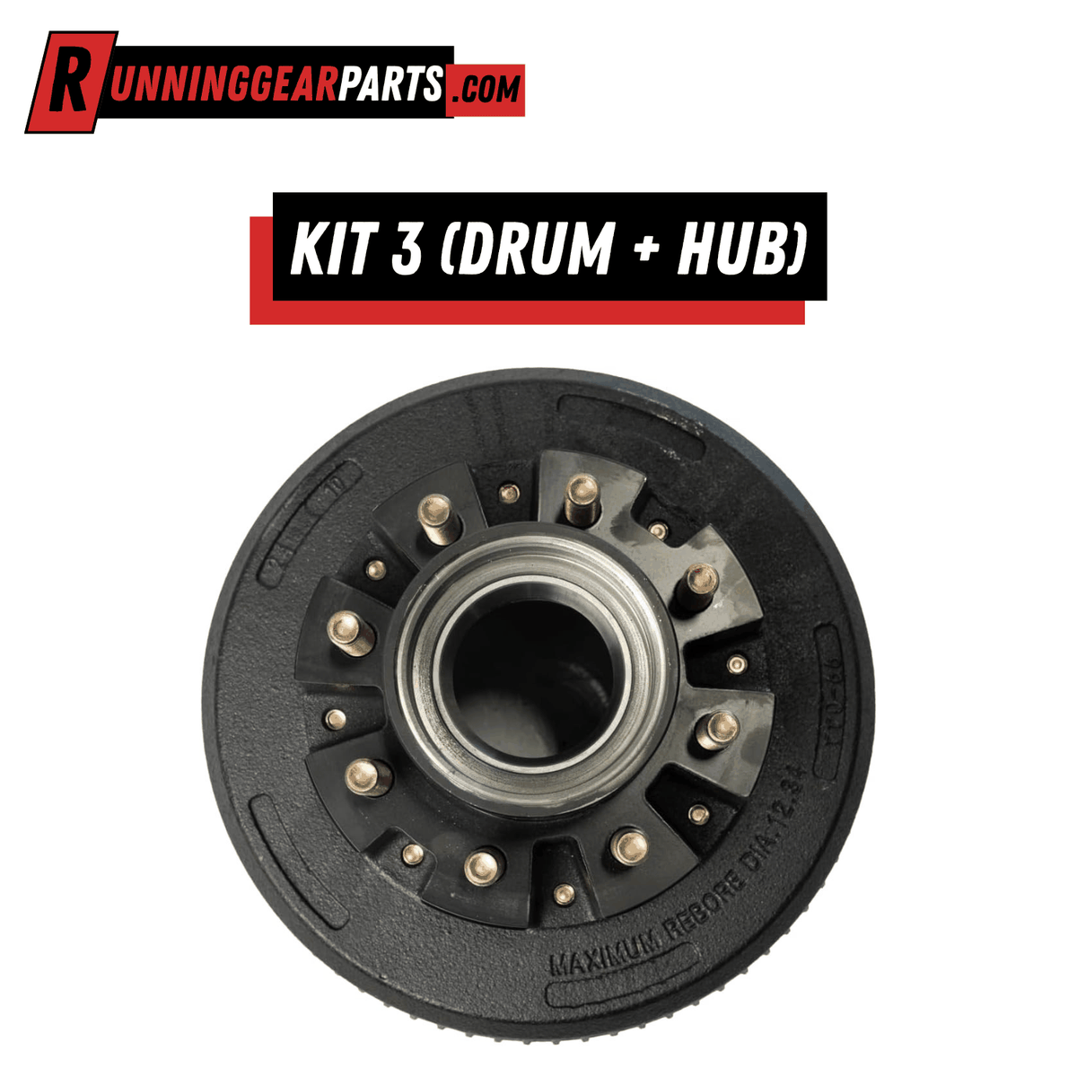 Trailer hub and brake drum kit with dark cast-iron finish, silver studs, and a central bearing opening for Dexter 9,000–10,000 lb Axles.