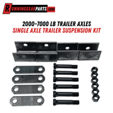 Single Axle Trailer Suspension Kit with black steel weld-on hangers, flat shackle straps, bolts and nuts.