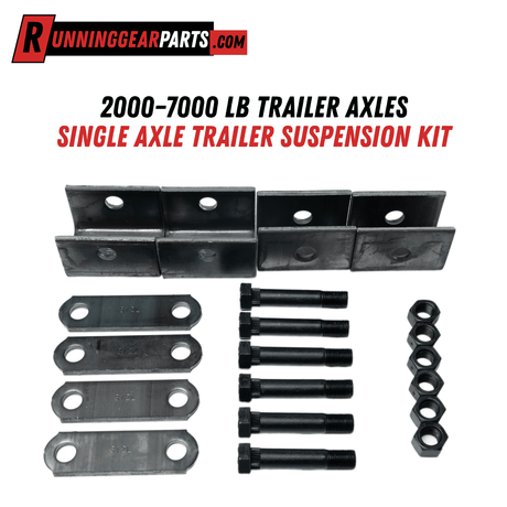 Single Axle Trailer Suspension Kit with black steel weld-on hangers, flat shackle straps, bolts and nuts.